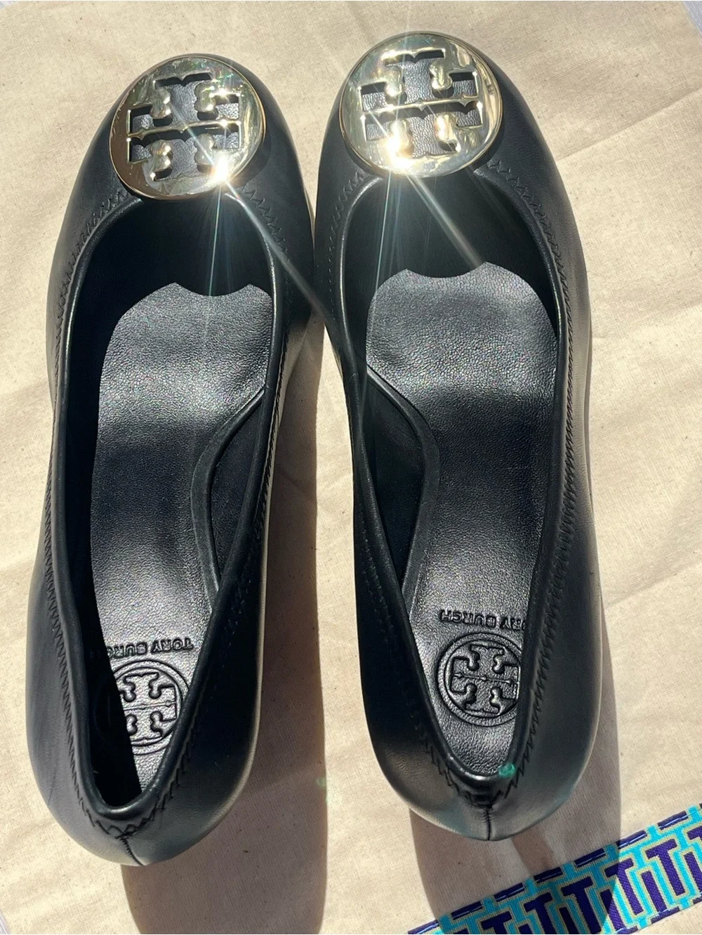 Tory Burch Sally Black Leather Wedge Pumps with Gold Medallion